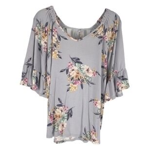 Bobeau XL Dusty Blue Floral Ruffle Sleeve Top Boho Soft Grunge